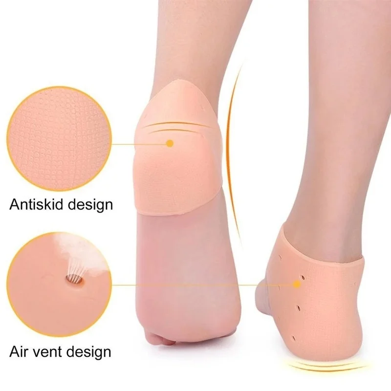 2Pcs ซิลิโคน Feet Care ถุงเท้าให้ความชุ่มชื้นเจลส้นถุงเท้าบางพร้อม Cracked Foot Care Protectors ลูกไม้ส้นฝาครอบ
