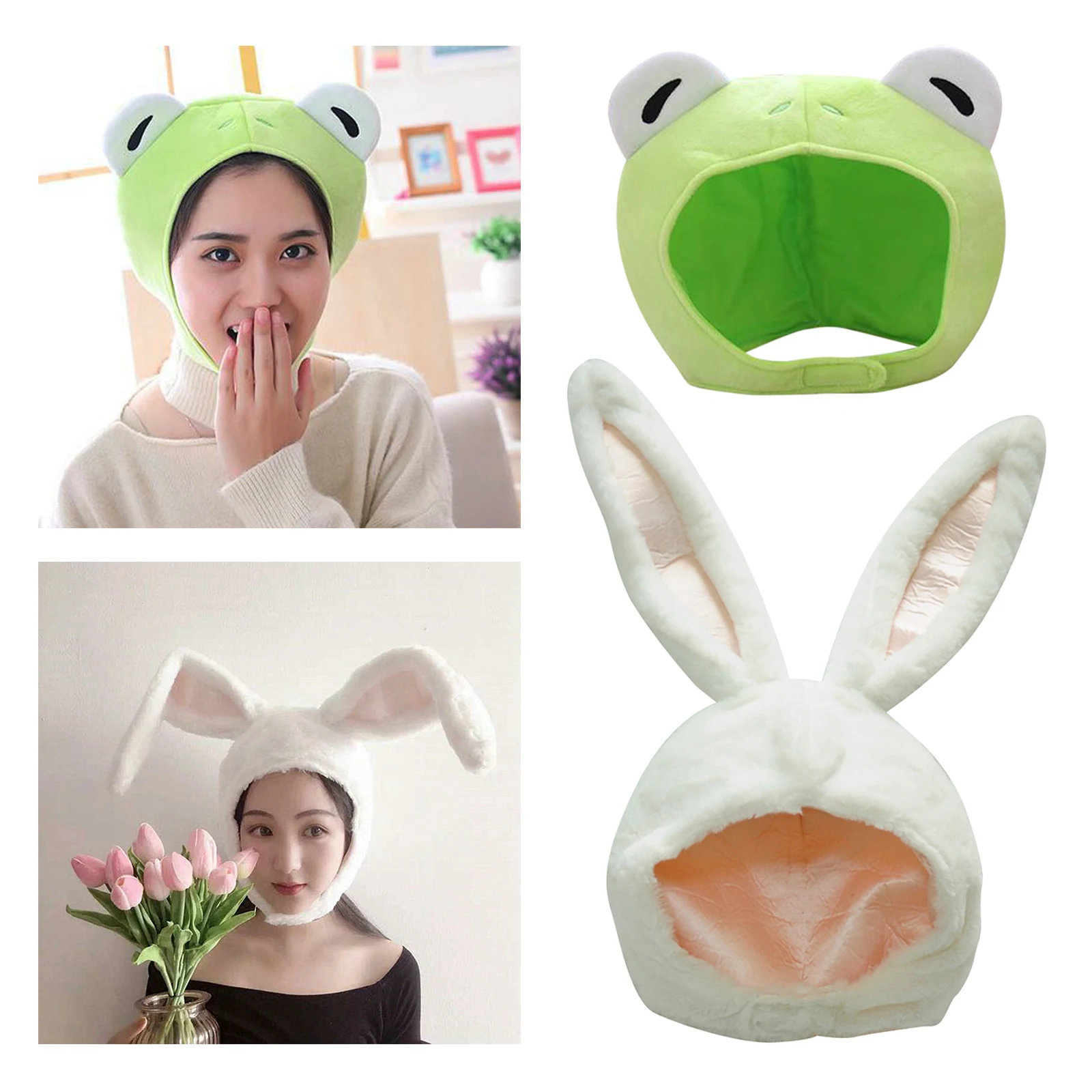 2pcs Girls Cute Rabbit Ear Hat Bunny Hat Funny Party Costume Earflap Frog Cap Head Warmer Photo Props Women Winter Cap Gift