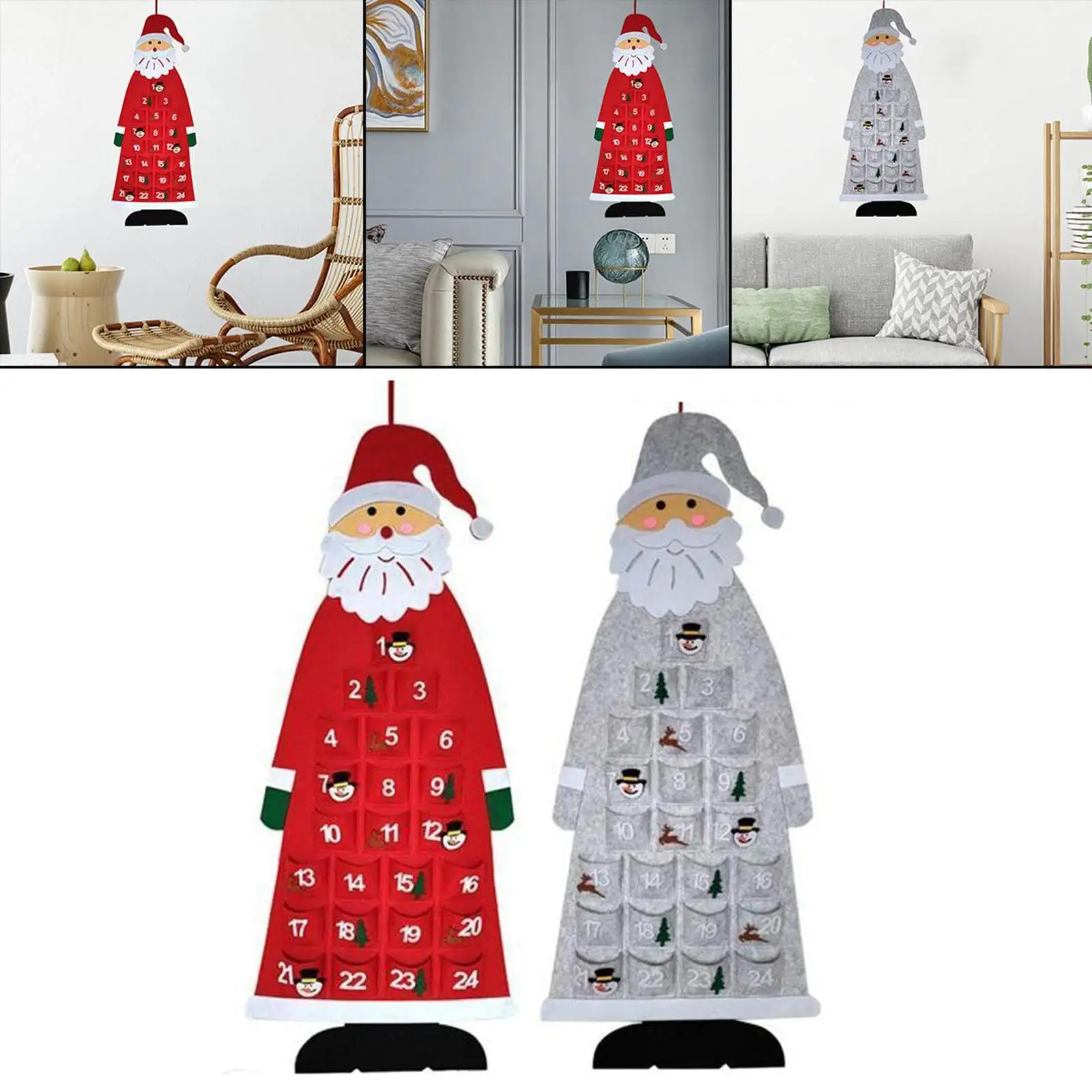 2x Christmas Advent Calendar Felt Wall Hanging With Pockets Santa Advent Calendar 24 Days Kids Toys Gift For Home Decor