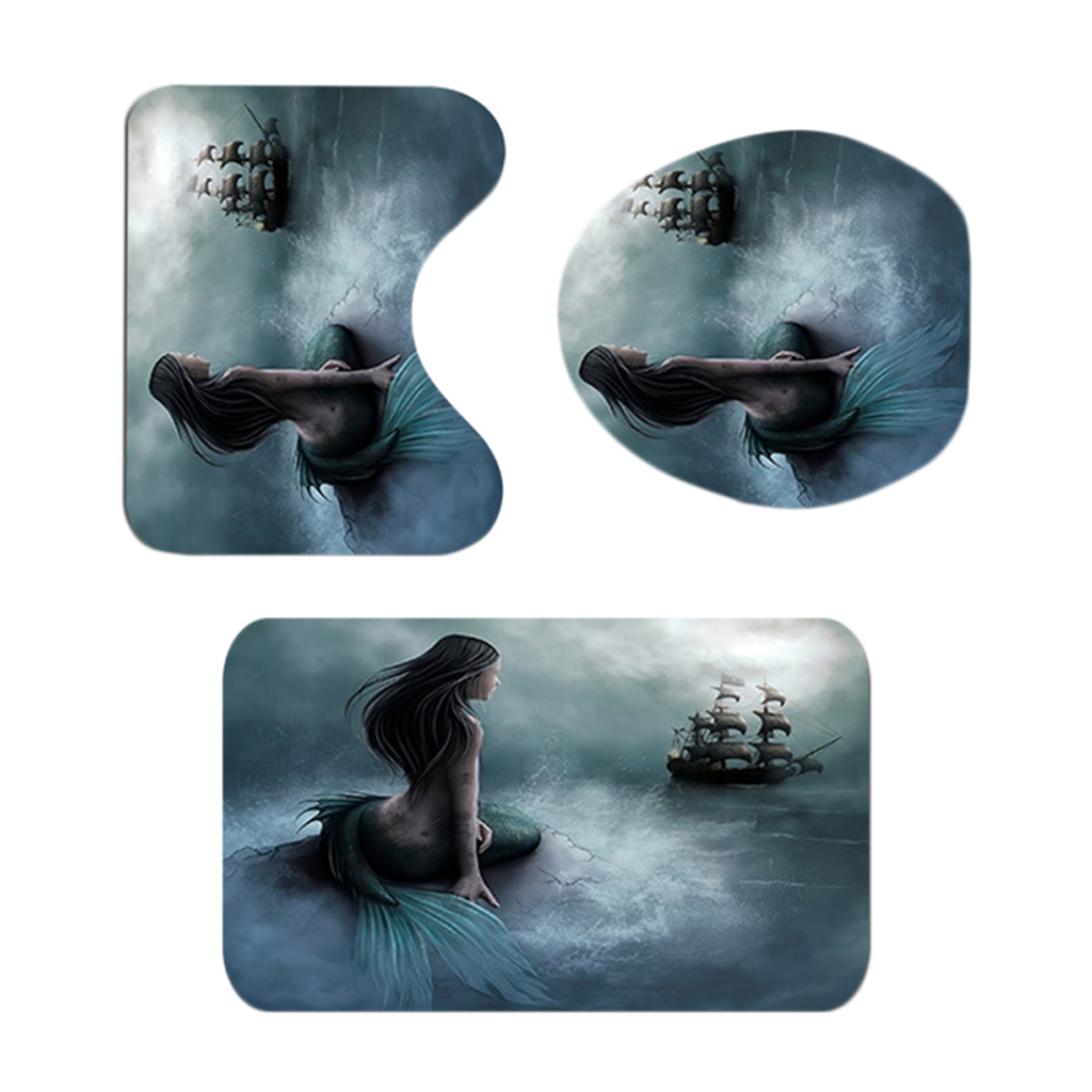 3 Pieces Non Slip Bath Rug Set Mermaid Theme Toilet Lid Cover Contour Mat