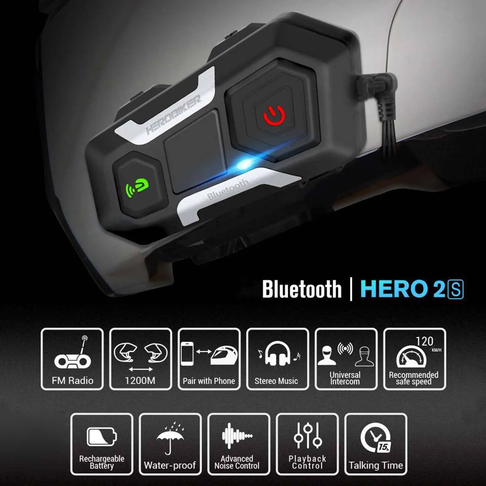 Motorcycle Intercom 1200M Bluetooth Headset for Helmet Noise Cancellation