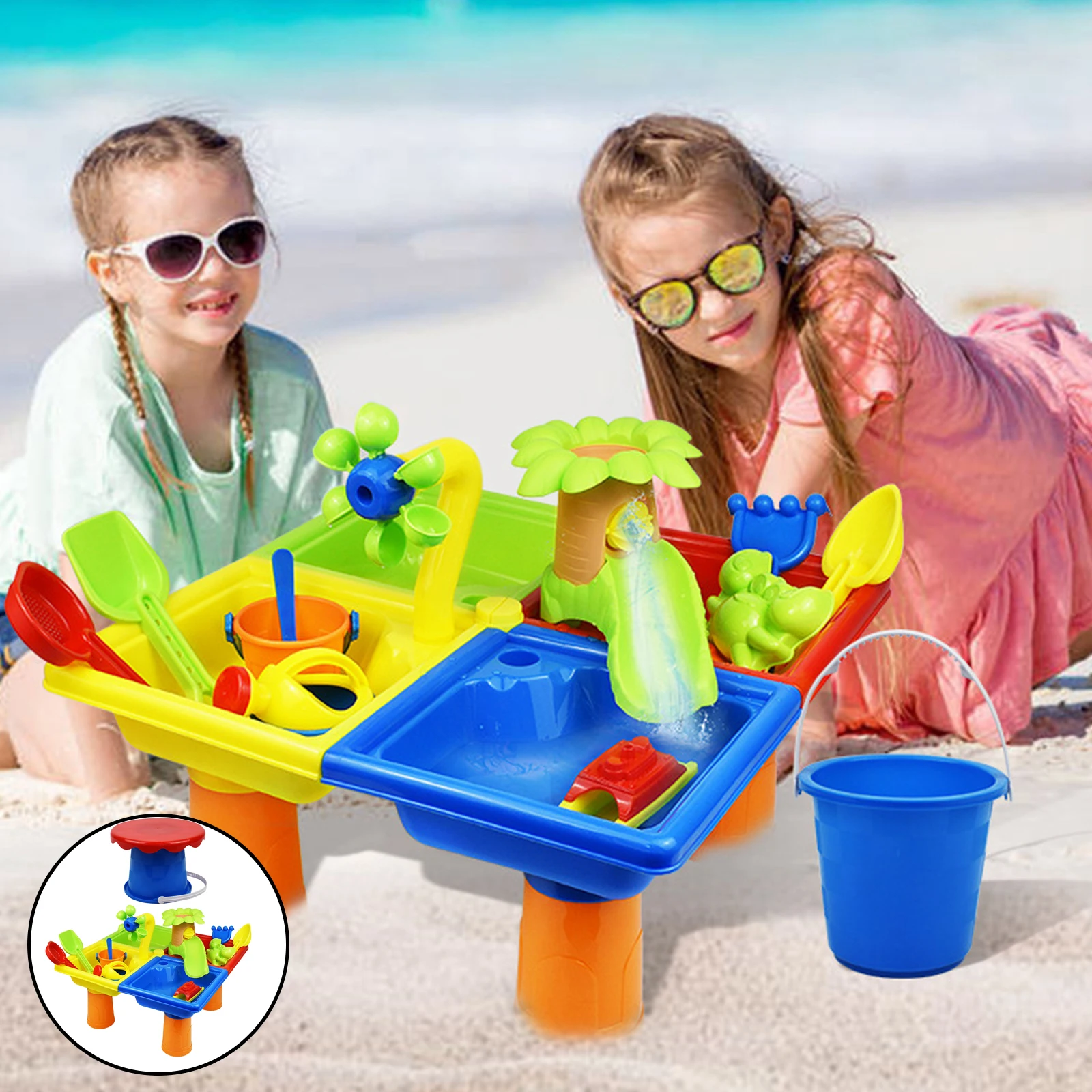 2 in 1 Kids Sand Water Table with Tools Toddlers Indoor Outdoor Sandbox Sand Table Sensory Table Beach Toy Birthday Gifts