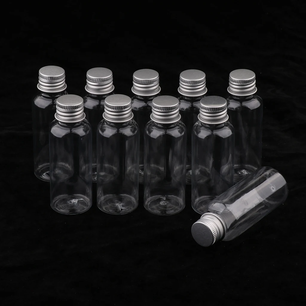 10 Pieces 50ml Plastic Bottle Liquid Sampling Vials Aluminum Cap Refillable