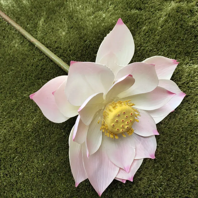 Una hermosa flor con pétalos blancos y un centro amarillo, que parece ser una flor de loto. La flor descansa sobre una superficie verde que podría ser pasto o una alfombra con textura similar a la hierba.