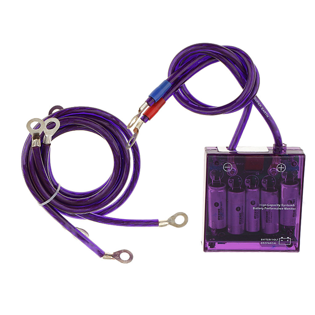 Universal Car Fuel Saver Voltage Stabilizer Regulator with Grounding Earth Cables Kit Purple