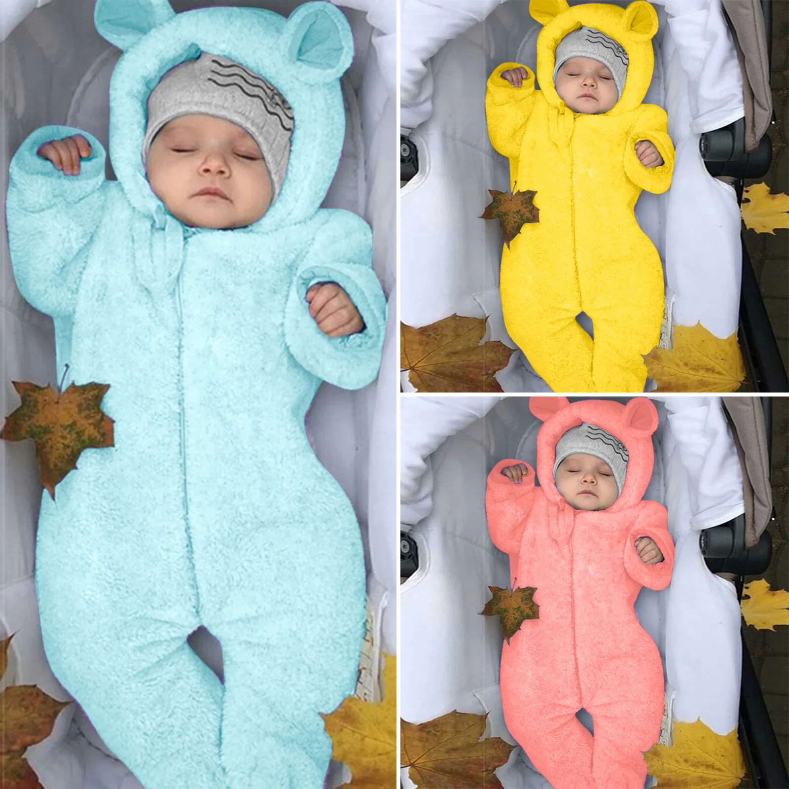 Infant Newborn Footed Plush Sleepwear Hooded Romper Warm Coat Bear Ear Snowsuit Footies WOCACHI Baby Fleece Jumpsuits 