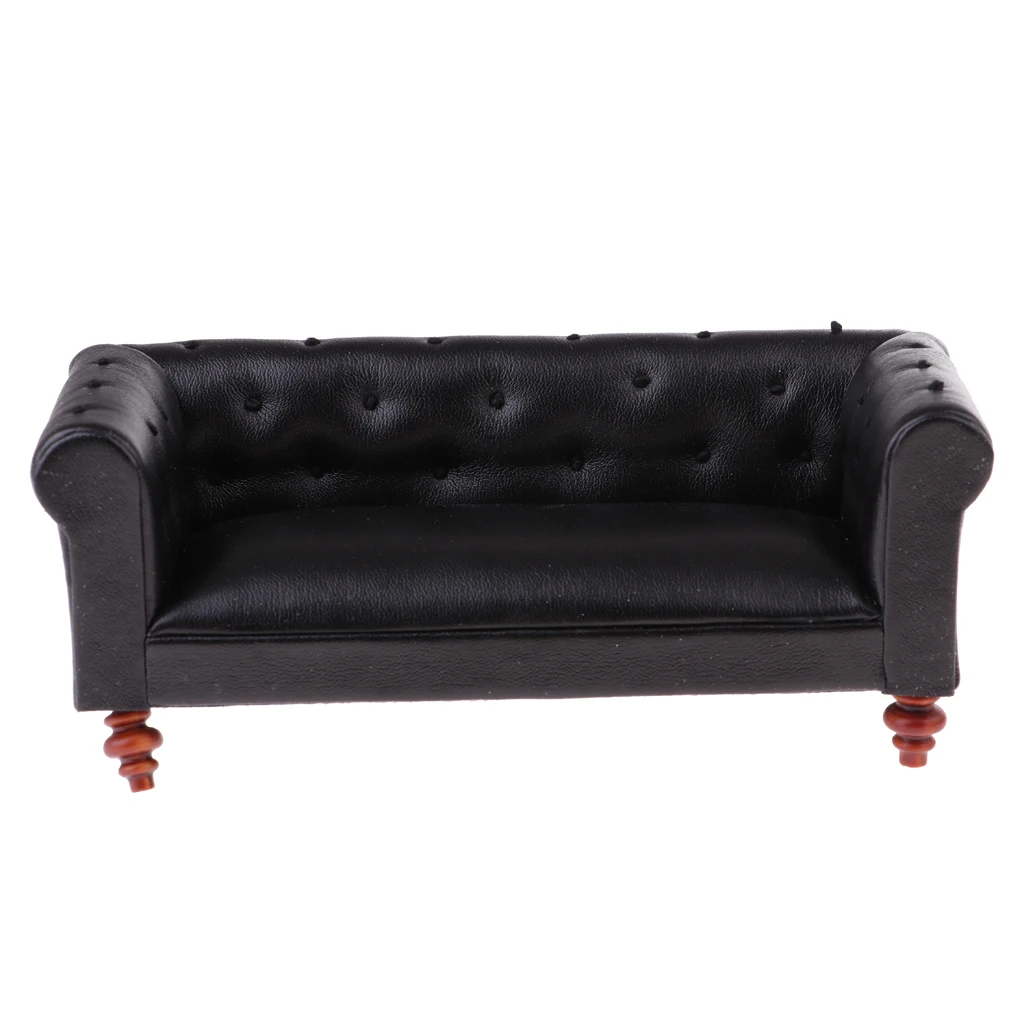 1/12 Scale Dollhouse Furniture Vintage Leather Long Sofa Couch Miniature Model Sitting Room Accessories Decoration Black