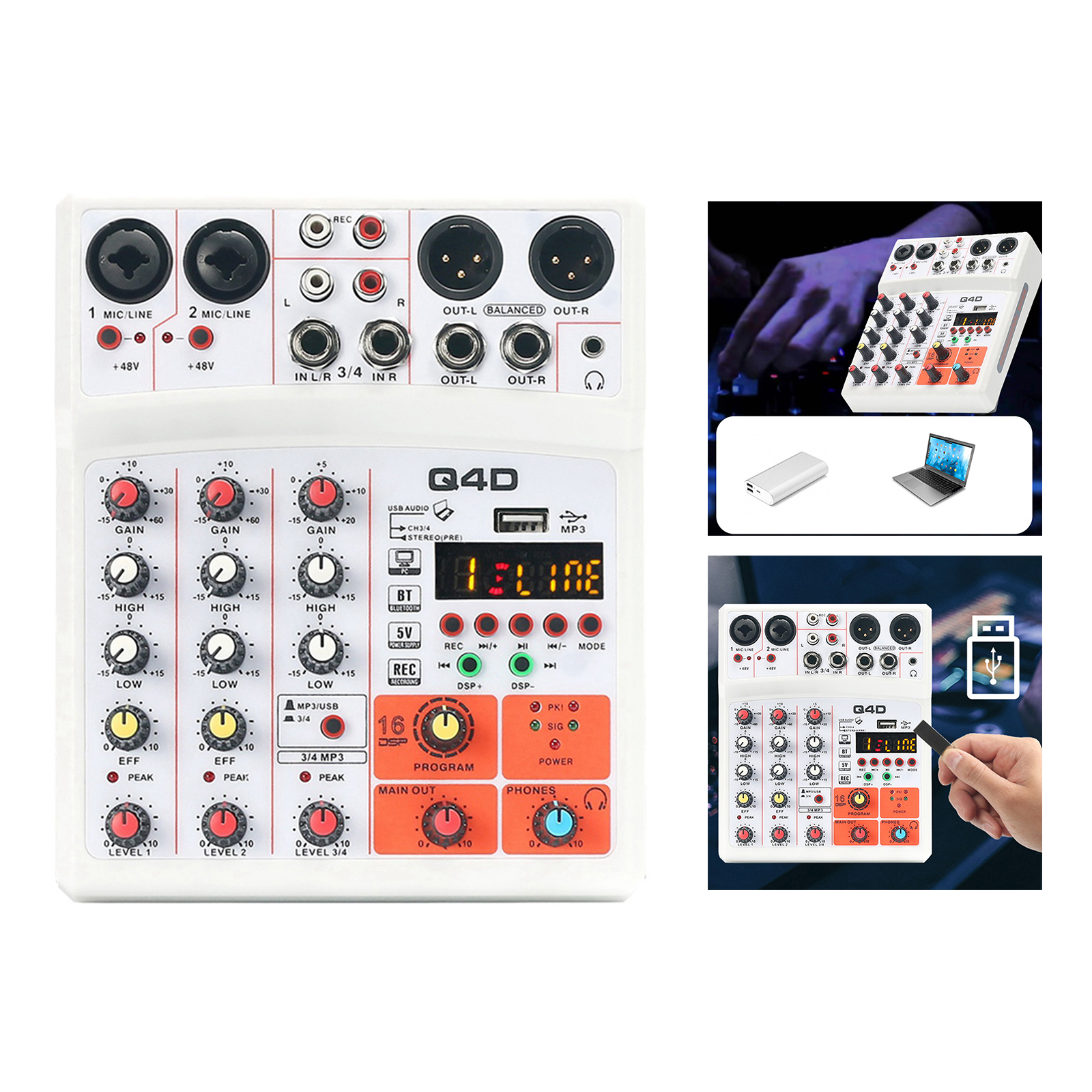 4 Channels DJ Audio Sound Mixer with 48V Phantom Power, Desktop Karaoke with MP3 Input, High Performance