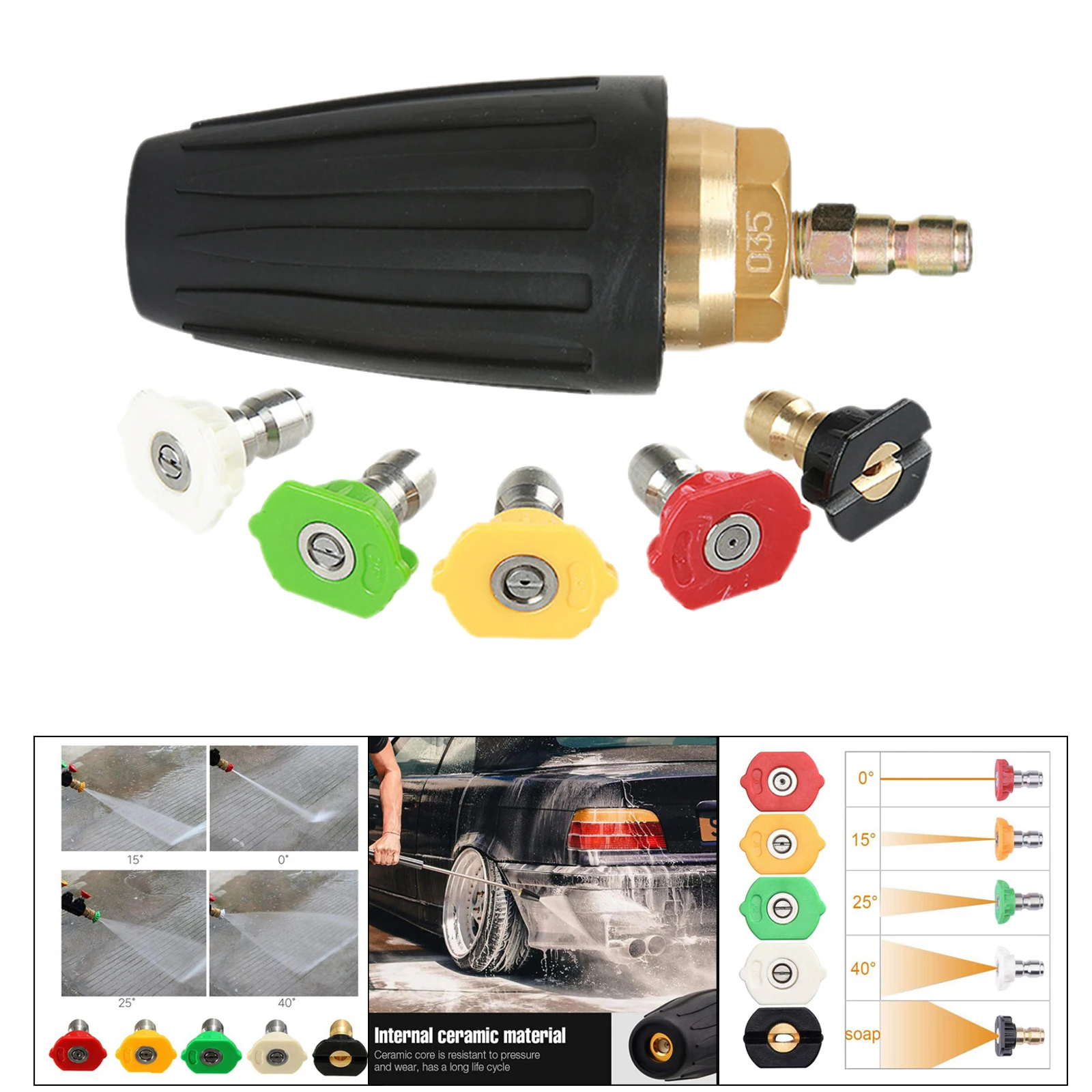 Power High Pressure Washer Wand Extension Set Adapter 3000 PSI Turbo Spray Nozzle and 5 Tips 1/4 inch Quick Connect