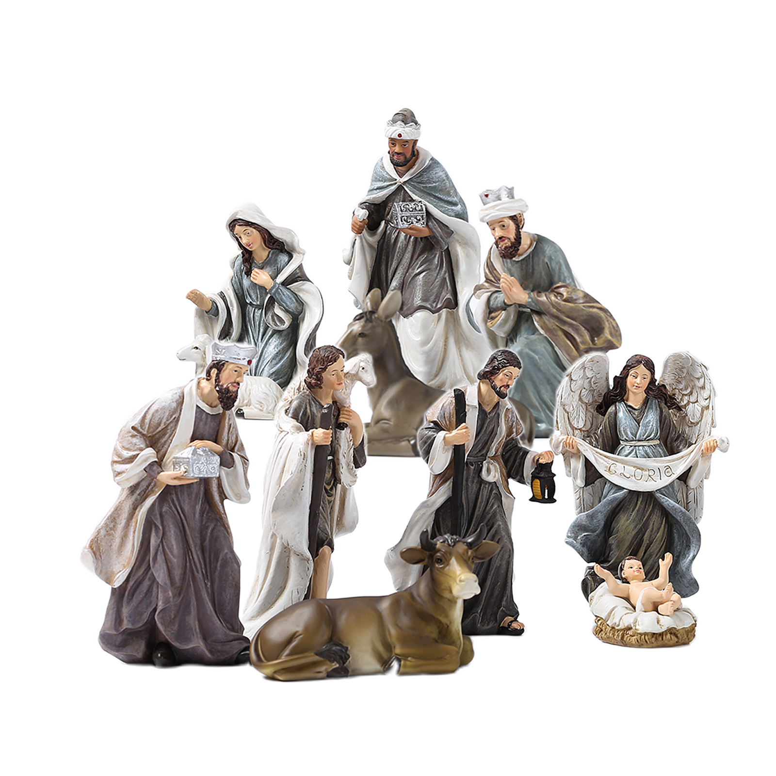 12pcs Nativity Set, Includes Family Resin Decorative Figures and Animal Toys for Gift Statues Christmas Home Decoration