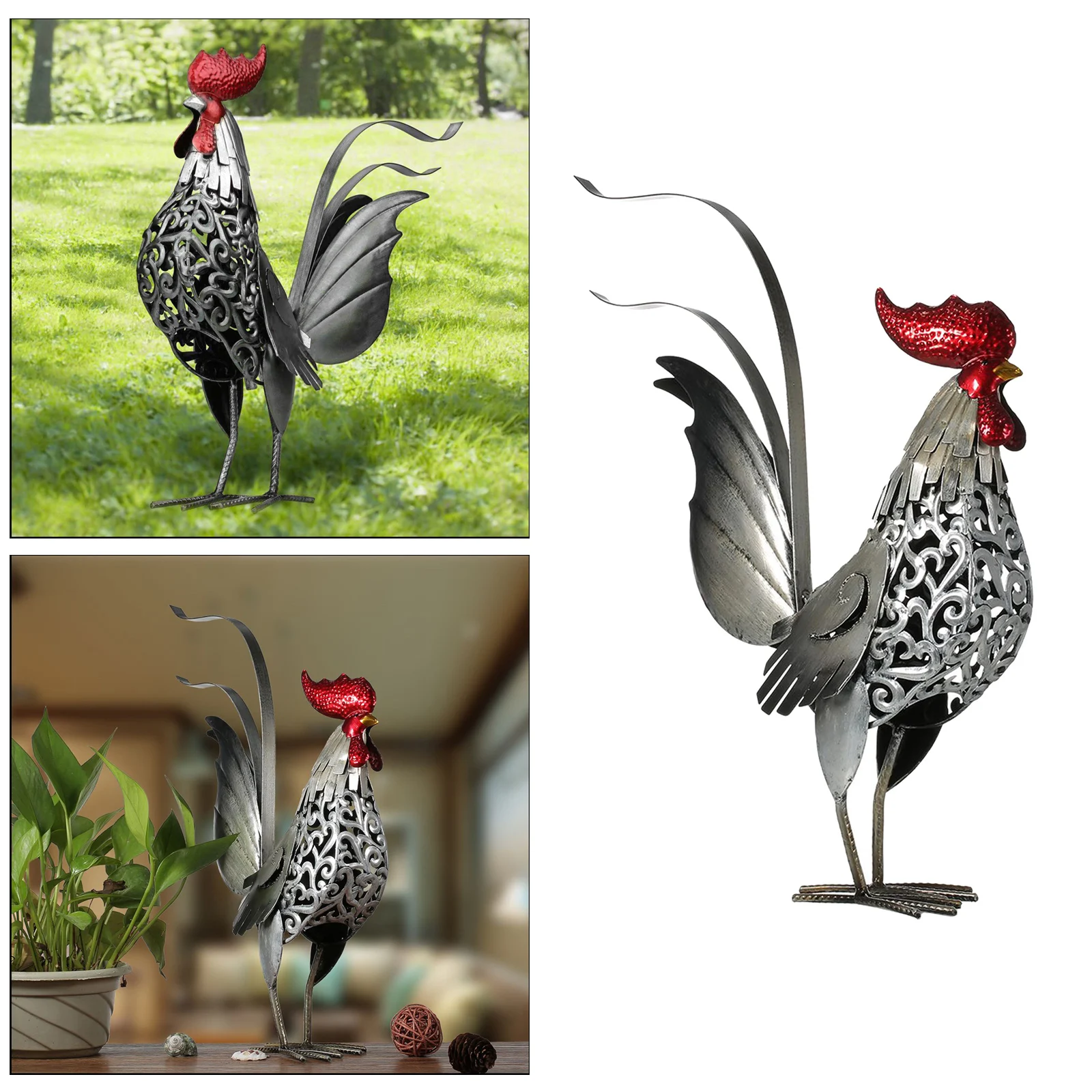Iron Rooster Sculpture Figurine Statues Ornament Art Handicraft Home Table Decor Furnishing Animal Artwork Gift
