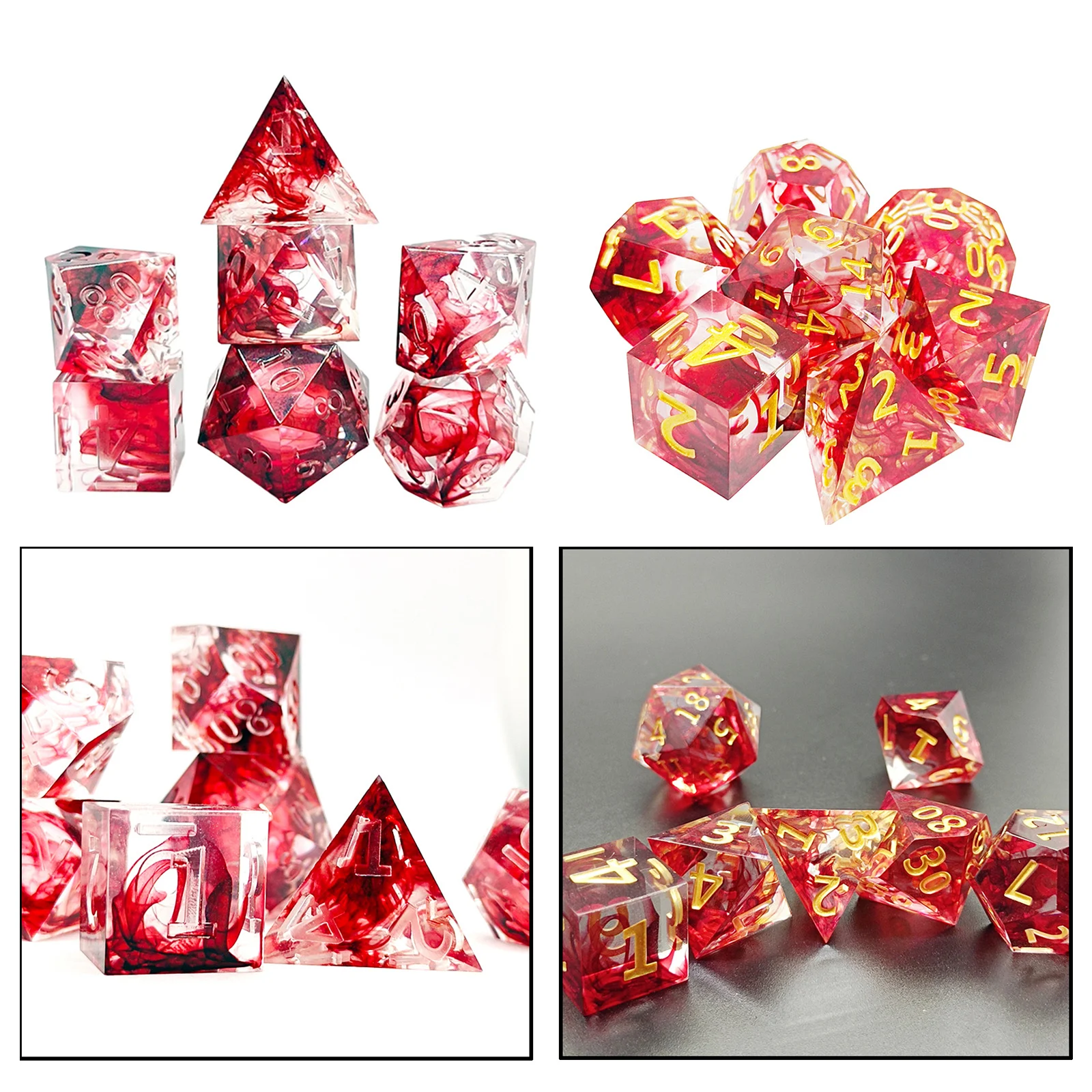 Pack of 7 Resin Polyhedral Dice RPG Blood Effect Acute Angle Red Floating Silk RPG Dices
