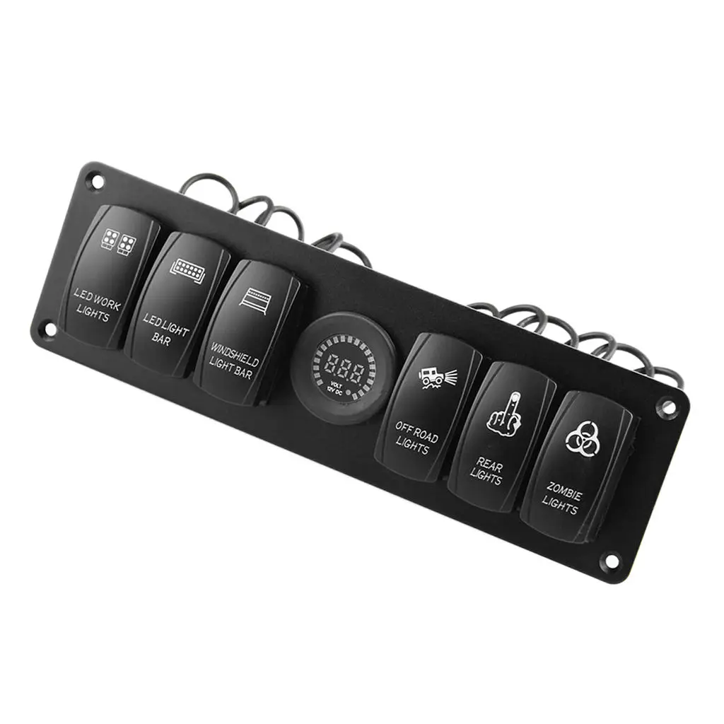 Marine Boat Rocker Switch Panel 6 Gang Waterproof Toggle Switches w/ Digital Voltage Display