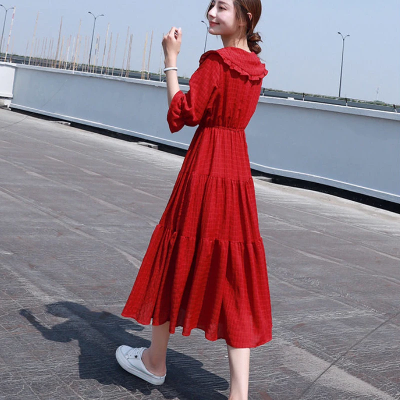 Dress Women Chiffon Simple Colorful Peter Pan Collar 2021 Casual Elegant All-match Female Aesthetic Over-fashioned Korean Style maxi dresses for women