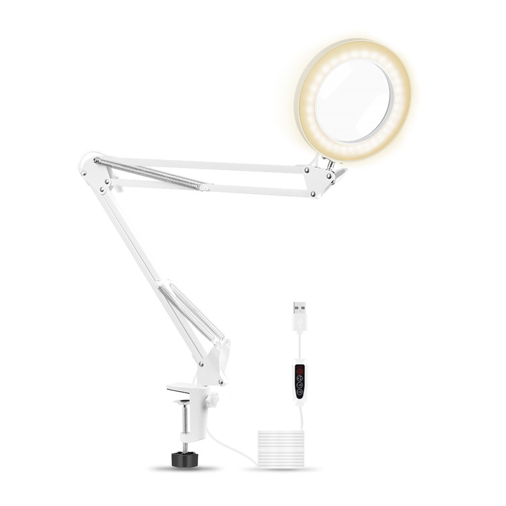 LED Reading Lamp 5X Magnifying Glass Light Clamp on Magnifier Lens Flexible Adjustable Swivel Arm 105mm Diamter, Clamp on