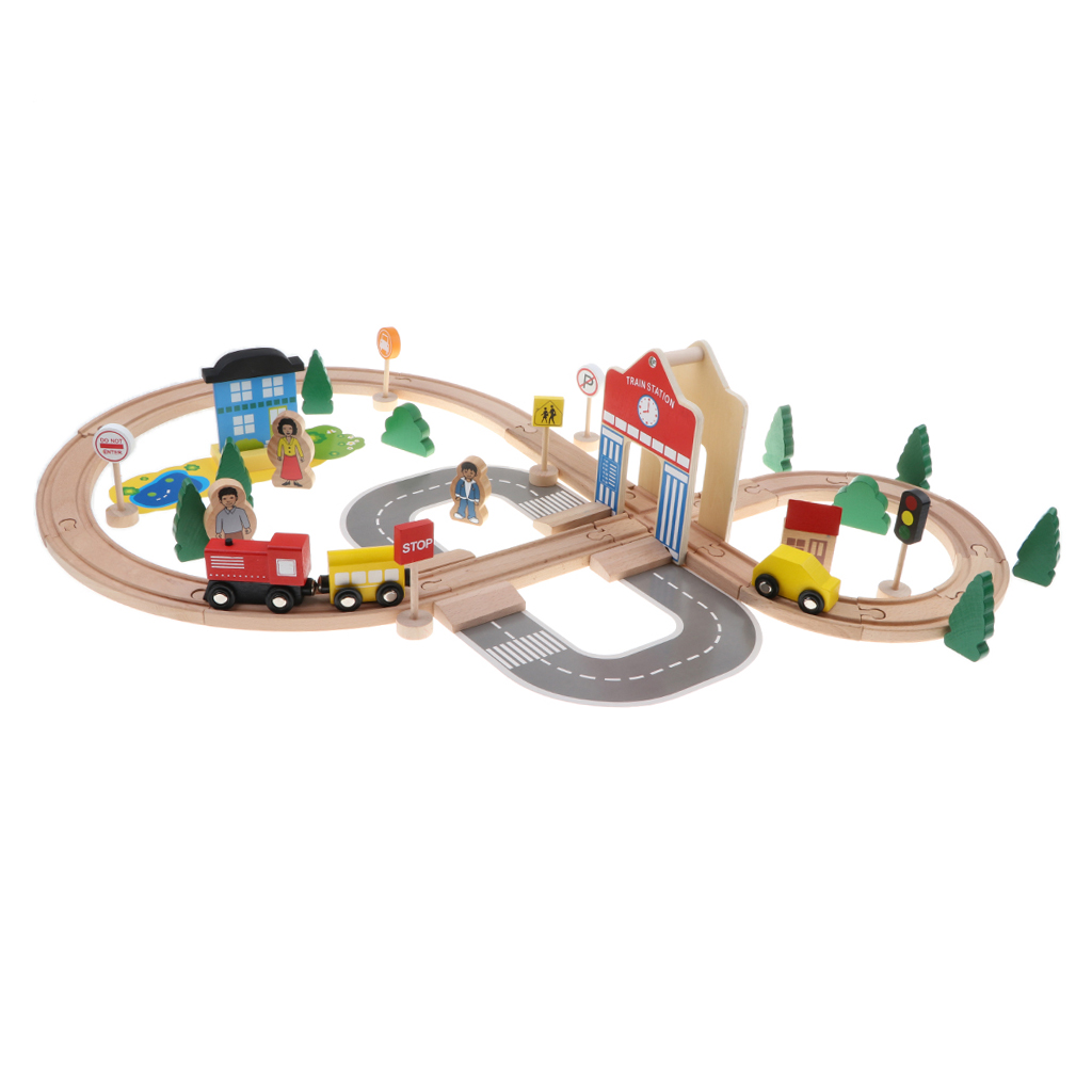 Wooden 50PCS Train Railway Tack Set - Kids Train Car Push Along Playset Toy