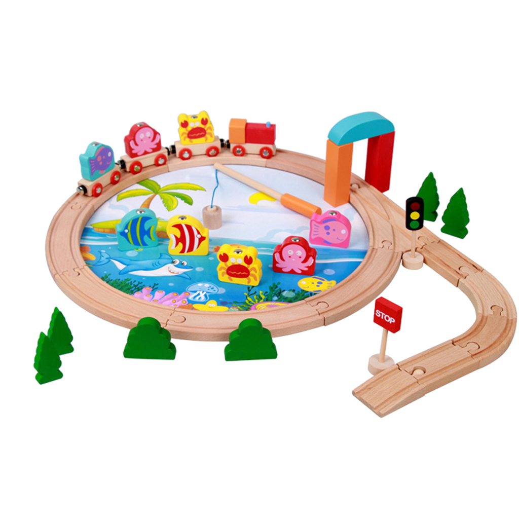 Wooden Train Fishing Game Playset with 8 Fishes And 1 Pole, Educational Toy