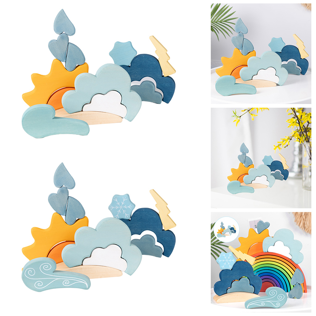 13Pcs Kids Wood Block Nordic Blue Weather Blocks Stacking Stacker Development Motor Skills Handcrafted DIY Toy for 3 Ages Up