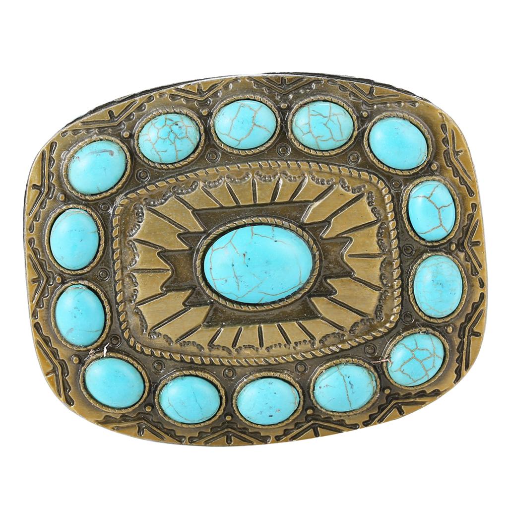 Rodeo Turquoise Bead Belt Buckle Boho Engraved Indian Bronze  Buckles