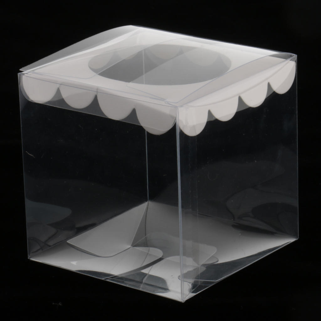 MagiDeal 12x Clear Plastic Cube Cupcake Boxes Mini Cake Container with ribbon