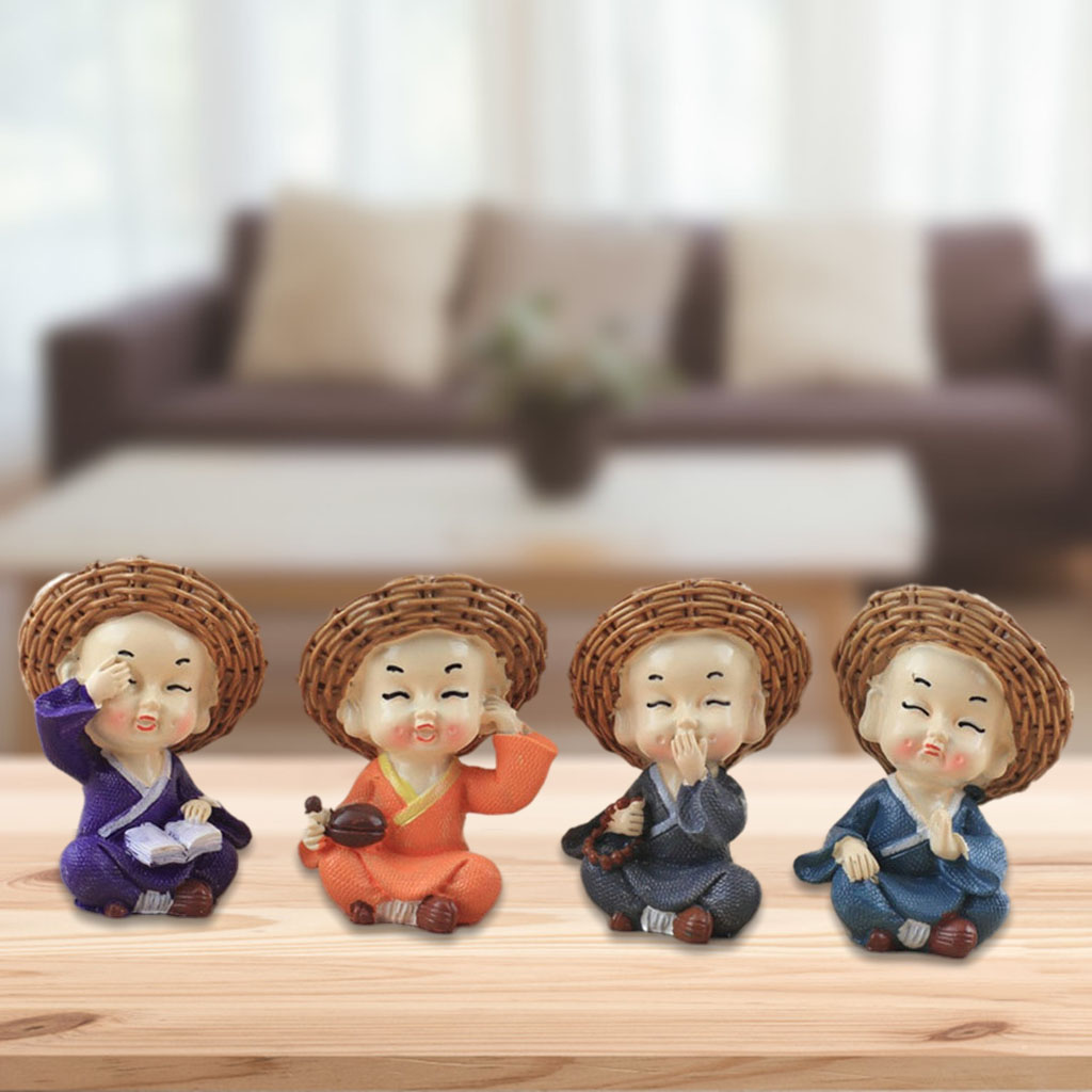4pcs / set Cute Little Monk in Straw Hat Figurines Car Dolls Decoration, Home
