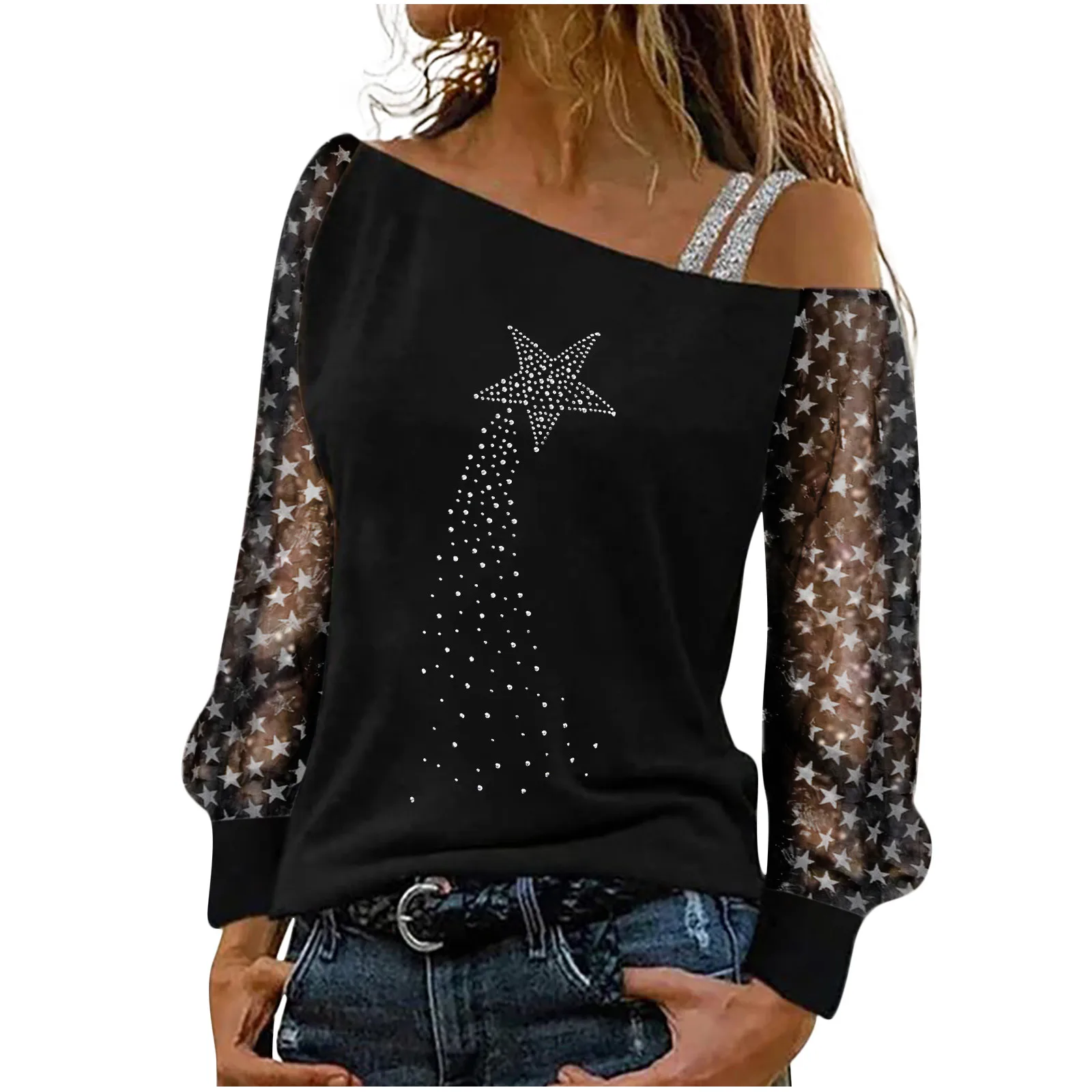 Fashion Sexy Printed T-shirt Women Long Sleeves Cat Print Off-the-shoulder Pullover Casual Loose Shiny Sequin Blouse Tunic Tops vintage graphic tees