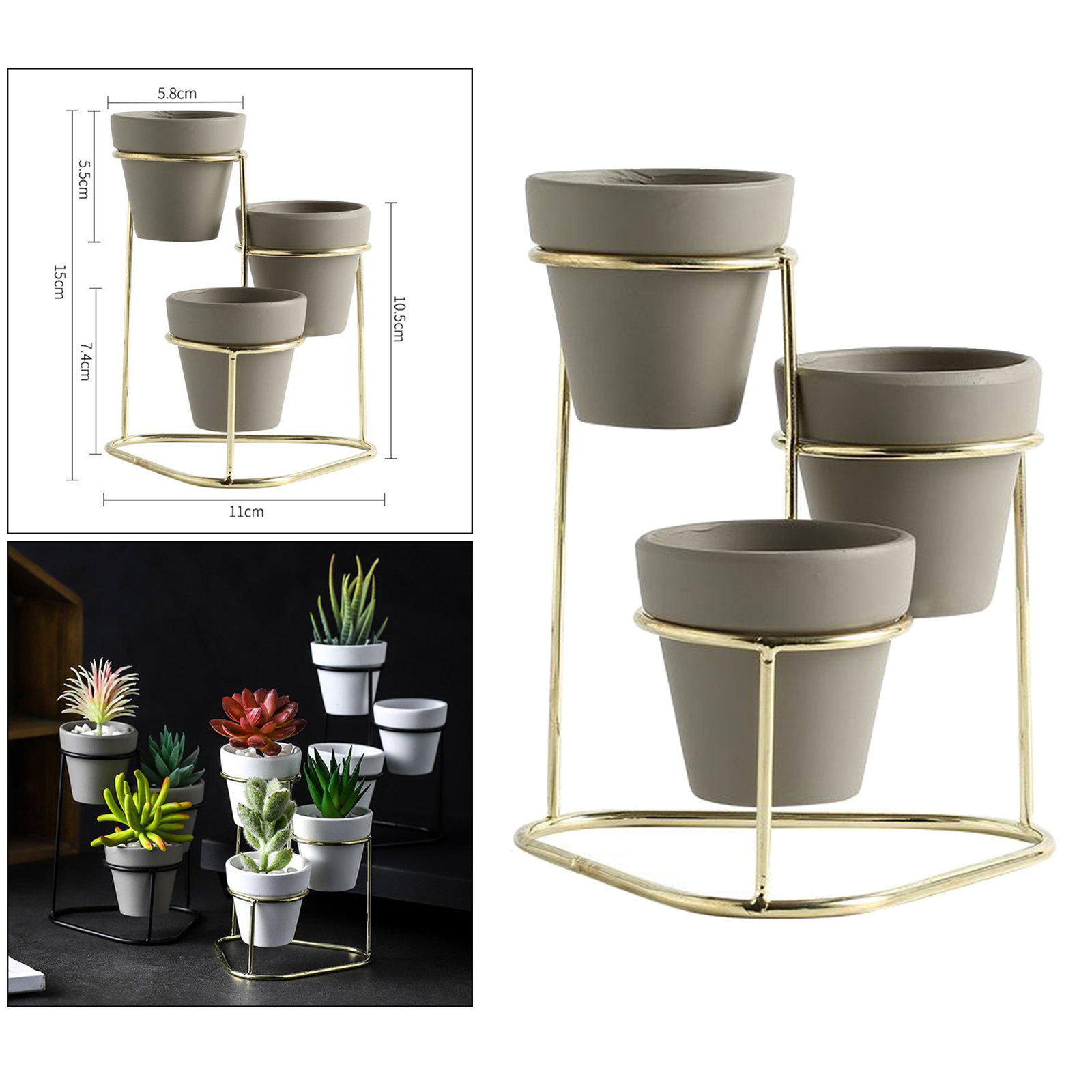 3Pieces Ceramic Succulent Pots Flower Planter with Metal Plant Vase Stand Holder Shelf Rack Home Decor