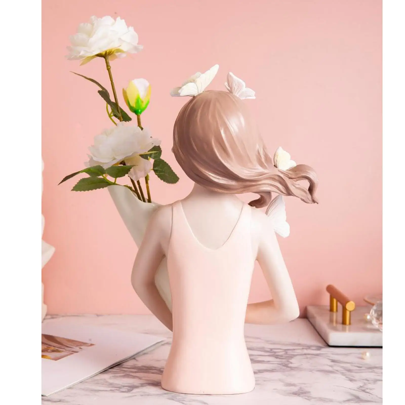 Girl Figurines Flower Vase Planter Pot Resin Desktop Bedroom Desk Sculpture