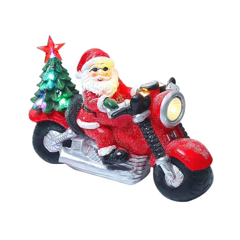 Santa Drives a Motorcycle Figurines Santa Claus Light Decor Garden Gnome Statue for Outdoor Christmas Tree Decor