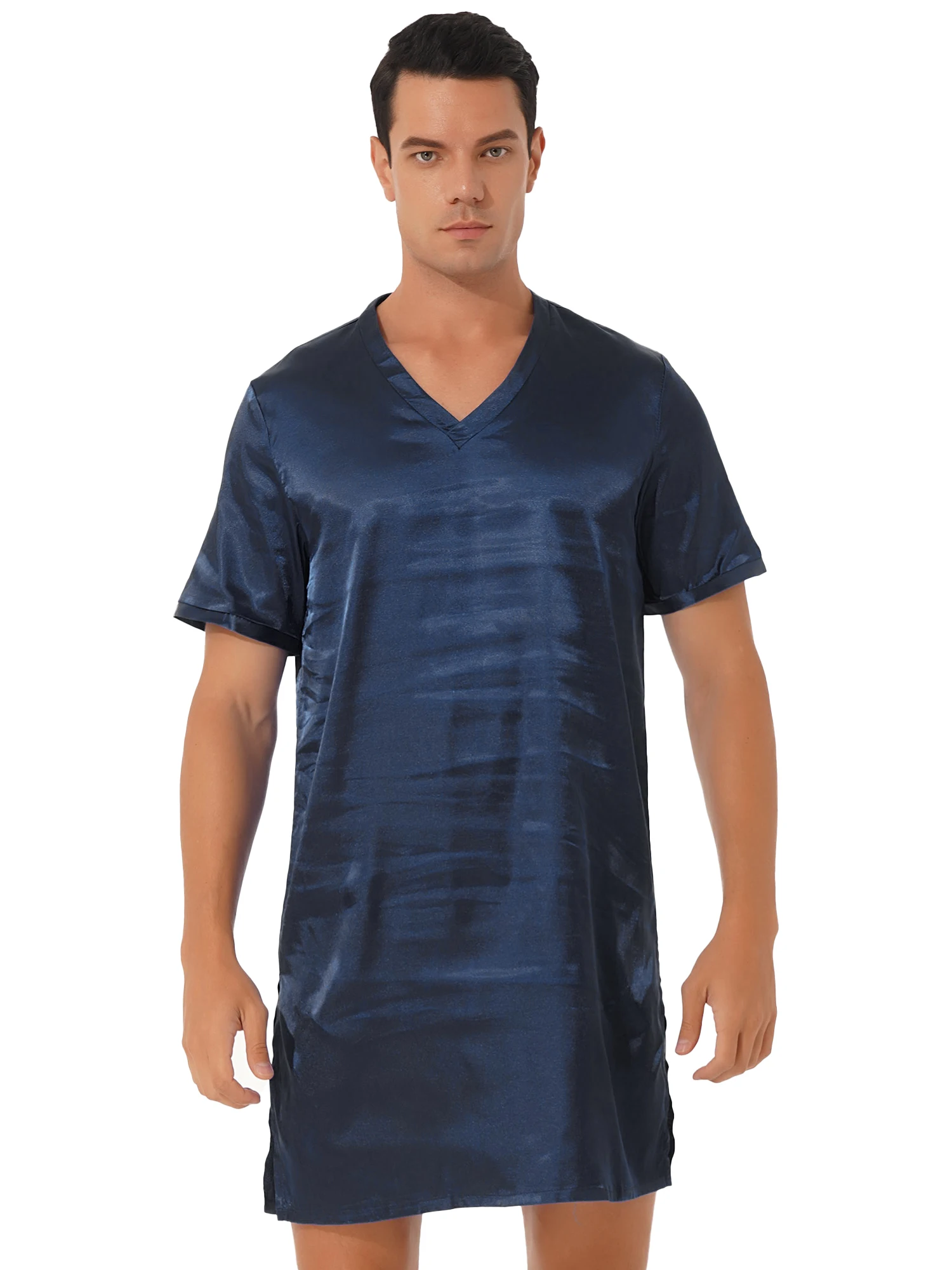 Men Women Satin Nightgown Robes V Neck Short Sleeve Sleepwear Nightclothes Homewear Sides Split Nightwear Sissy Comfort Dress mens designer pjs