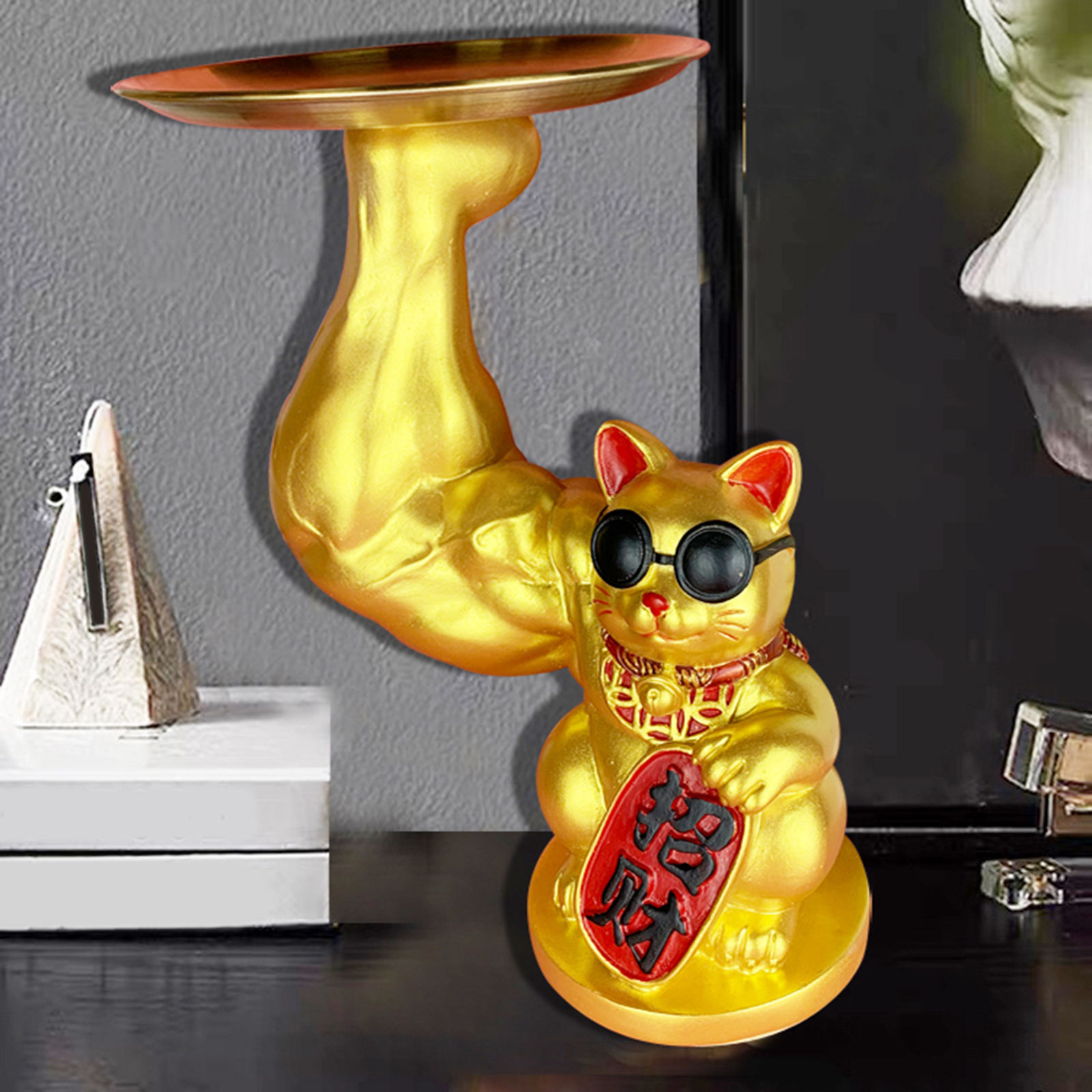 Giant Muscle Arm Fortune Cat Statue Figurine Feng Shui Animal Craft Office Room Shop Home Door Interior Decoration Accessories