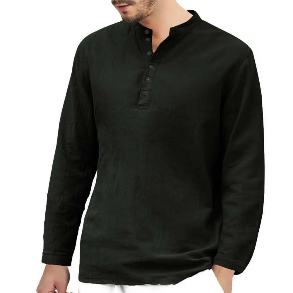 Men's Vikings Nordic Style Long-Sleeved Solid Color Cotton Linen Stand-Up Collar Shirts