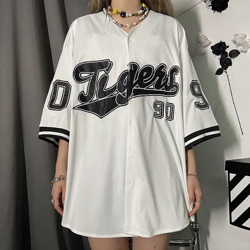 Oversize Blouse Women Men Streetwear Baseball Cool Hippe Vintage Printed Hip Hop Korean Half Sleeve Button Up 2021 Summer - Women Shirt - AliExpress