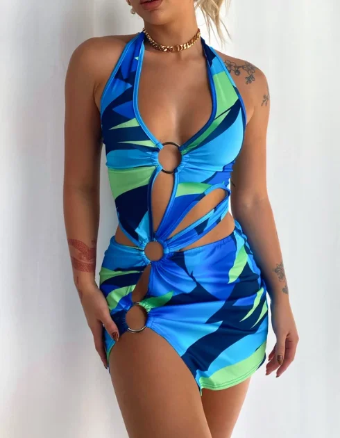 3 piece swimsuit with cover up Cryptographic Halter Sexy Backless Mini Dresses Skinny Club Party Sleeveless Knitted Dress Fall Streetwear Beach Holiday bathing suit coverups