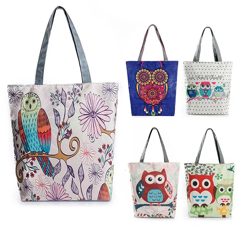 Hde2f6f5cc42648db8a9074ad03d9d8304 Women Floral Owl Printed Canvas Tote Casual Beach Bag Large Capacity Single Shoulder Bags Shopping Handbag New