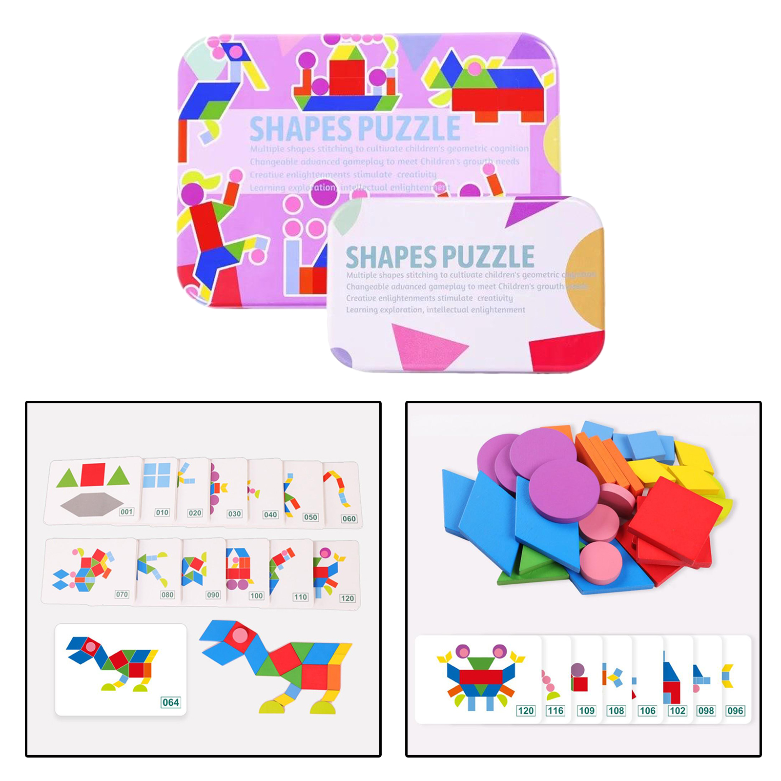 Wooden Pattern Blocks Set Shape Puzzle Kindergarten Classic Educational Montessori Tangram Toys for Kids Toddlers Ages 3-8