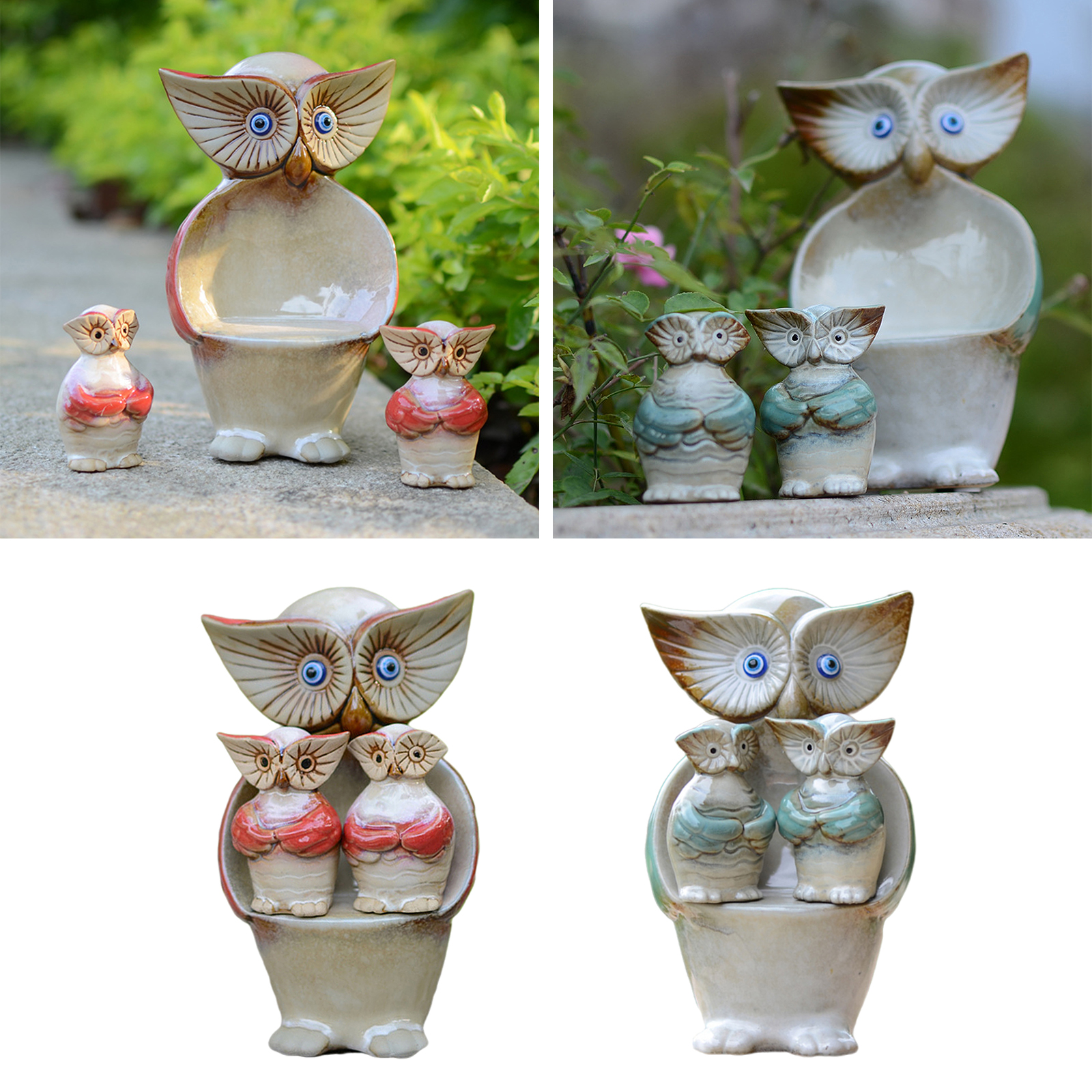 3/Set Cute Porcelain Owl Figurine Funny Miniature Shelf Garden Statue Decor