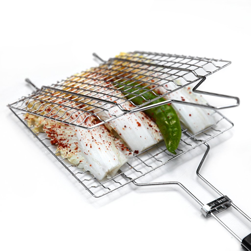 Outdoor BBQ Meat Grill Basket Clip Barbeque Stainless Steel Wire Tray Net