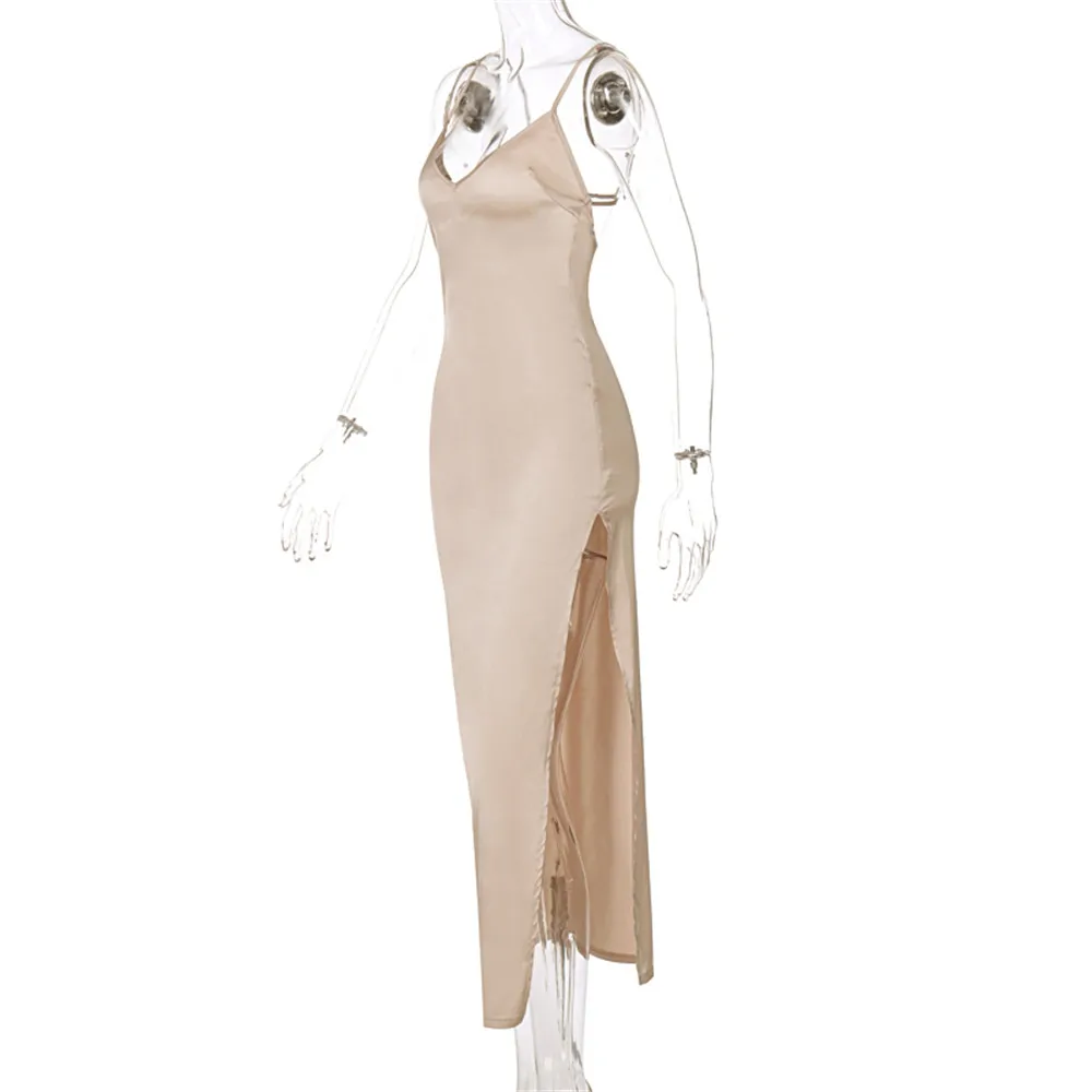 Summer Women Satin Silky Spaghetti Strap Split Long Dress Elegant Sleeveless Backless Club Party Beach Sexy Vestito 2021