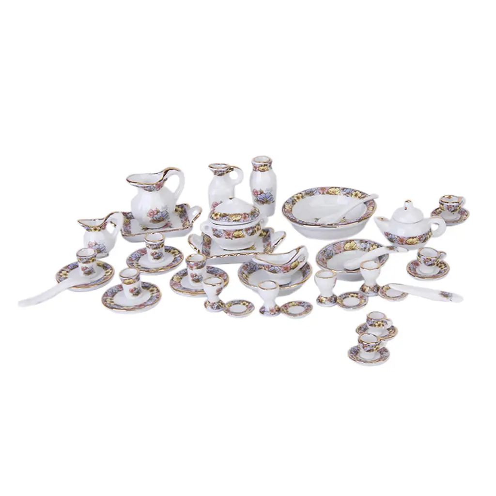 40 Pcs 1:12 Dollhouse Miniature Dining Ware Porcelain Tea Set Cup Dish Cups