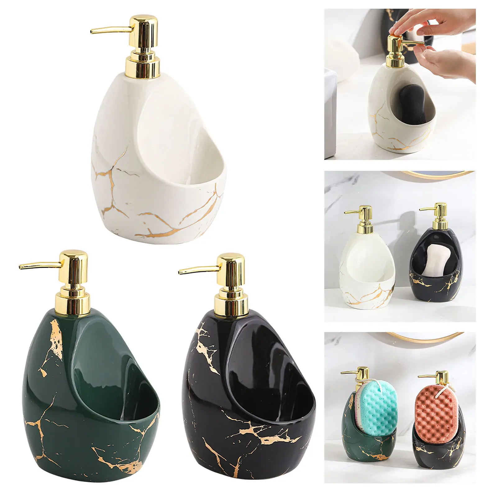 Soap Dispenser with Sponge Holder Ceramic Marble Look 2 in 1 Modern Caddy Organizer for Countertop Kids