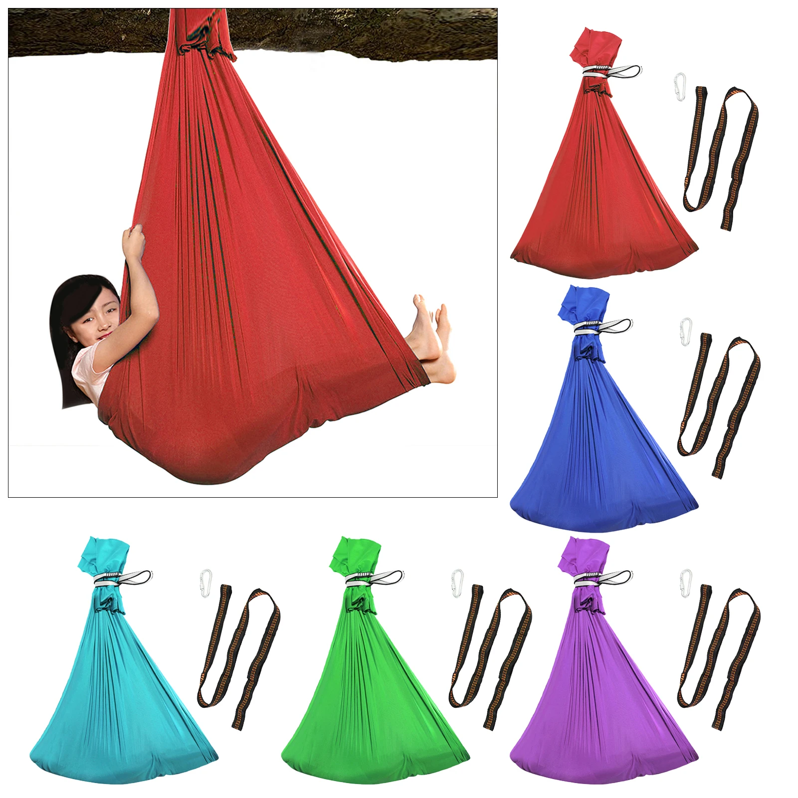 Solid Kids Swing Hammock indoor Outdoor Comfortable Sensory Swing Carabiner Daisy Chain for Living Room Travlling Camping Hiking