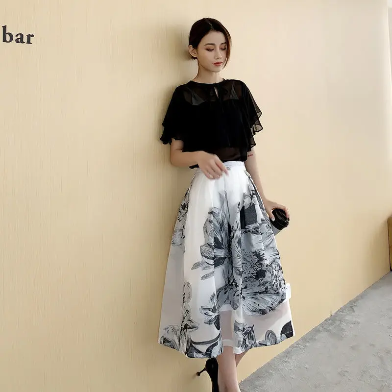 Chiffon Printed 2 Pieces Women Skirts Sets Summer New 2021 Ruffles T-Shirts And A-Line Skirts Elegant Office Lady Clothing Suits jogging suits women