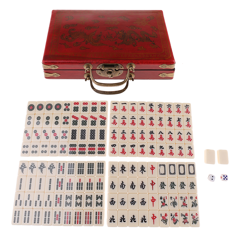 Table Board Game Chinese Antique Mahjong 144 Miniature in Wooden Box Leisure
