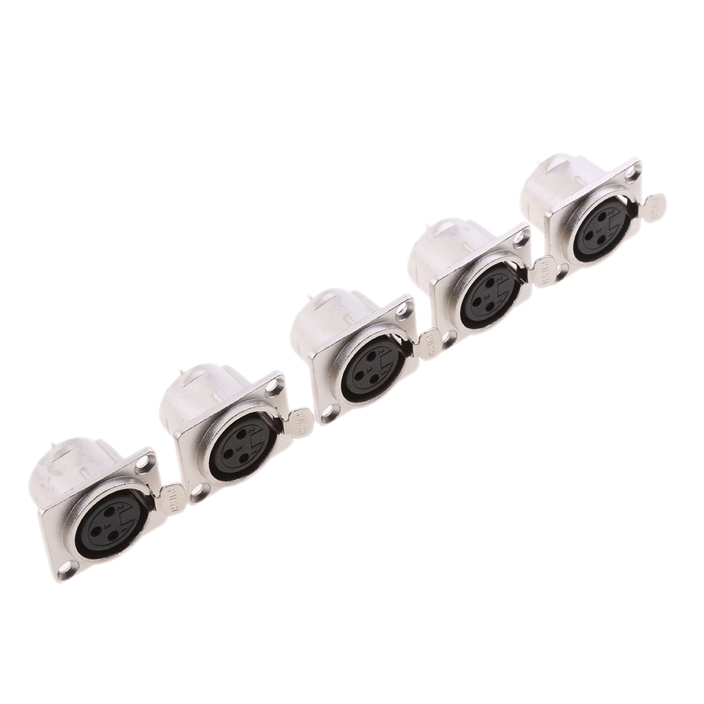 5Pcs XLR 3Pin Female Square Wall Chassis Panel Mounted Plug Socket Microphone Audio XLR Plug Nickle Plated Connector