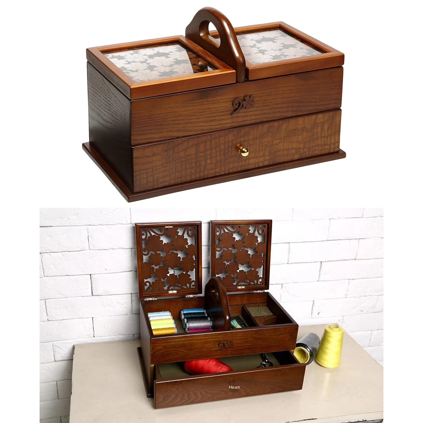 Protable Antique Sewing Kit Box Basket Wooden Hand for Home Sewing Repair Tool Kit Sew Kit Accessory Adult Beginner Supplies