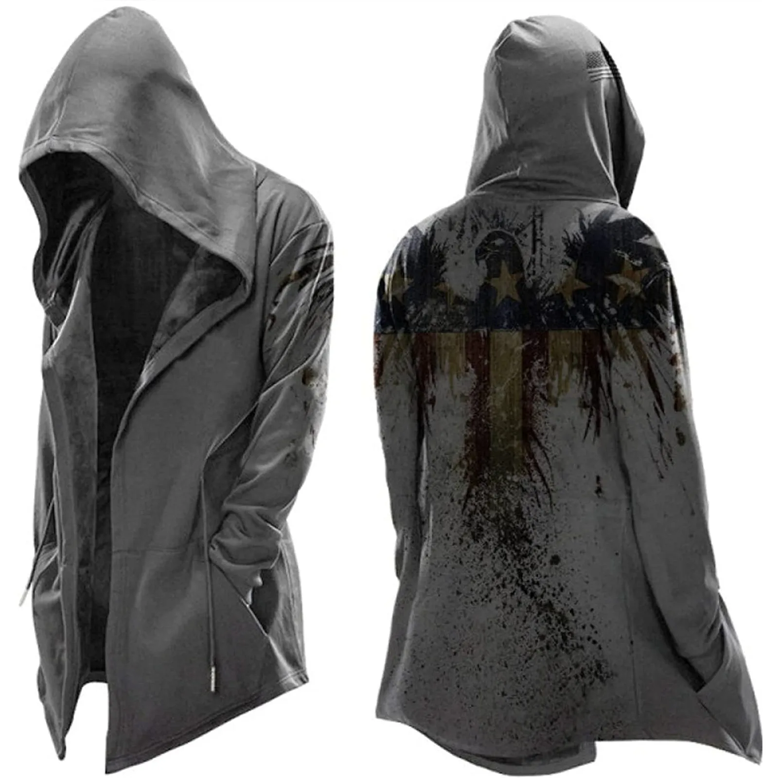 Gothic Punk Jackets Men Cross Creed Men's Hooded Pullover Jacket Cosplay Coat Drawstring Long Hoodie Vintage