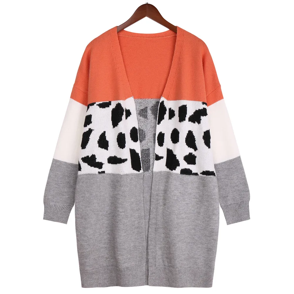 2021 New Autum Winter Women Loose Style Knitted Cardigan Variegated Color Long Sleeve Coat, Khaki/ Grey/ Orange black sweater