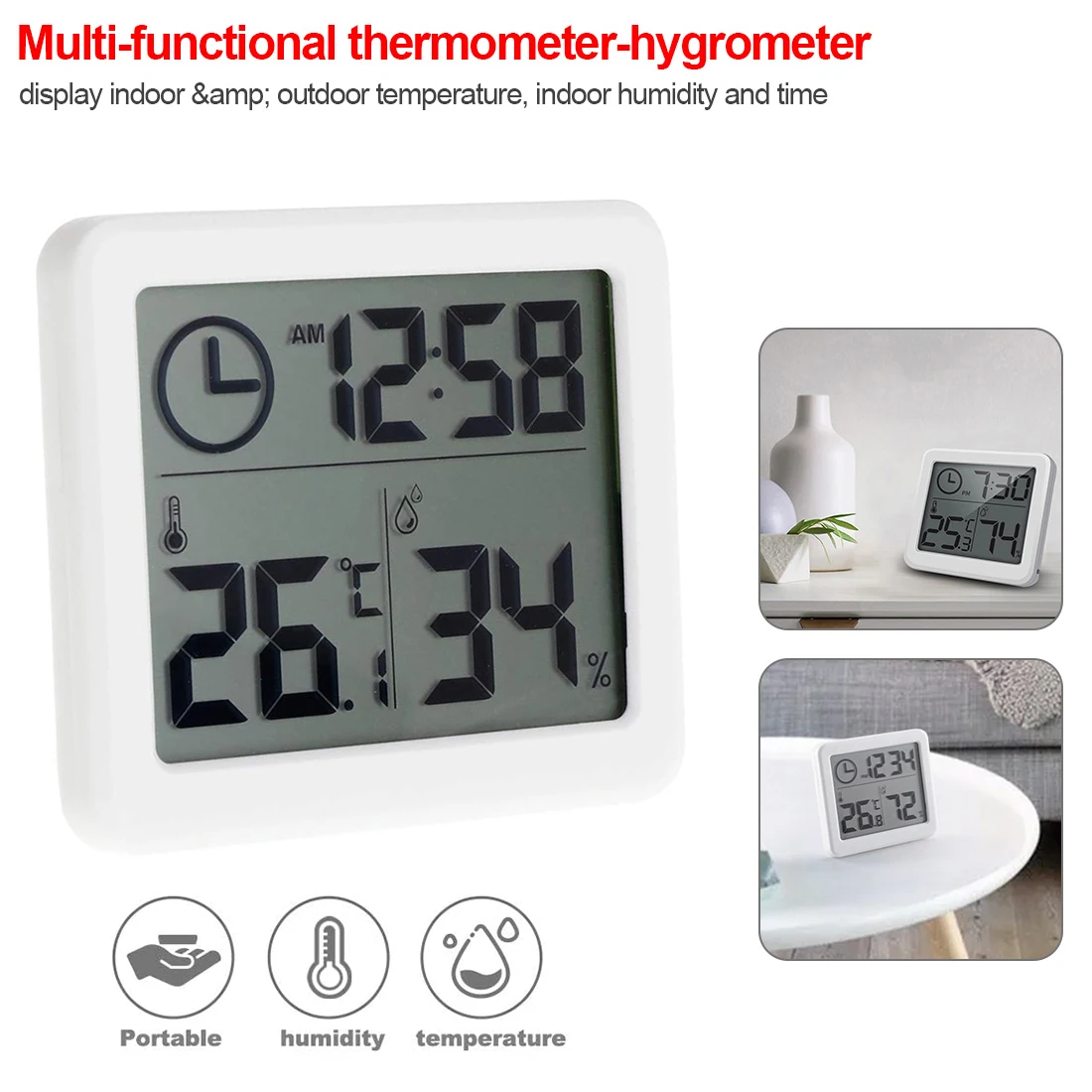 3.2" LCD Thermometer Hygrometer Electronic Temperature Humidity Clock AHS 