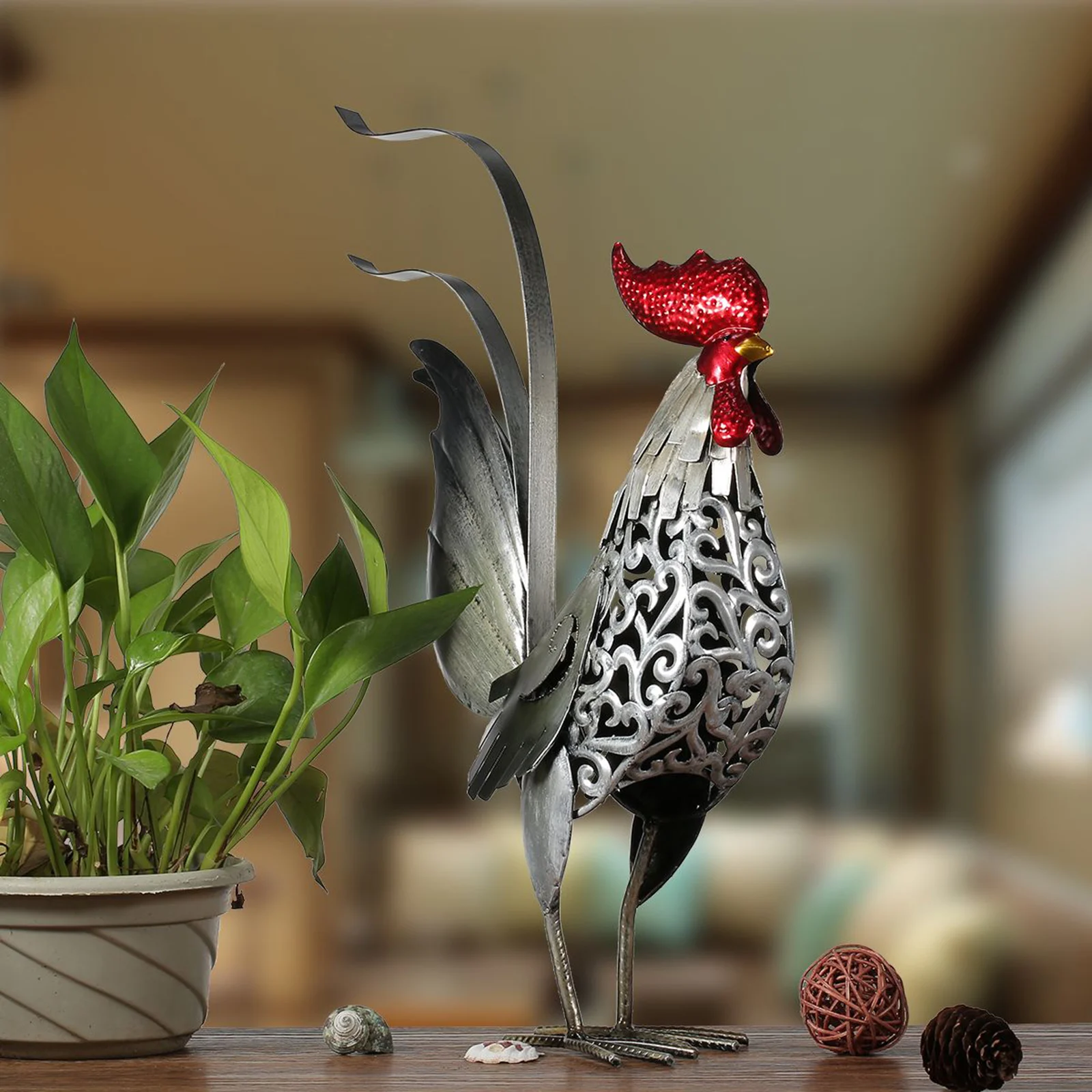 Iron Rooster Sculpture Figurine Statues Ornament Art Handicraft Home Table Decor Furnishing Animal Artwork Gift